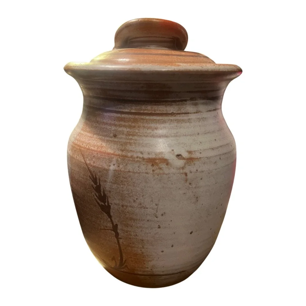 Vintage Studio Pottery Signed Wheat Canister Lidded Jar Terracotta Rustic 8in